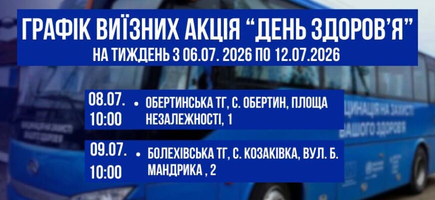 Графік виїзних акцій «День здоров’я» на тиждень з 06.07.2026